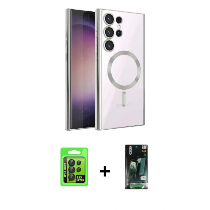 MARSİLYAN™- Galaxy S23 Ultra Kılıf Nova Işık Özel Seri - Siyah 360 Mat Full Body Arka Koruyucu + Raze Metal Kamera Lens - SH