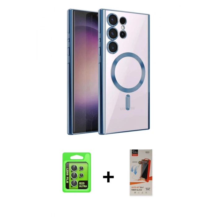 MARSİLYAN™- Galaxy S23 Ultra Kılıf Nova Işık Özel Seri - Siyah AutoKit 5in1 Fiber Hayalet Cam Ekran Koruyucu + Raze Metal Kamera Lens - YL