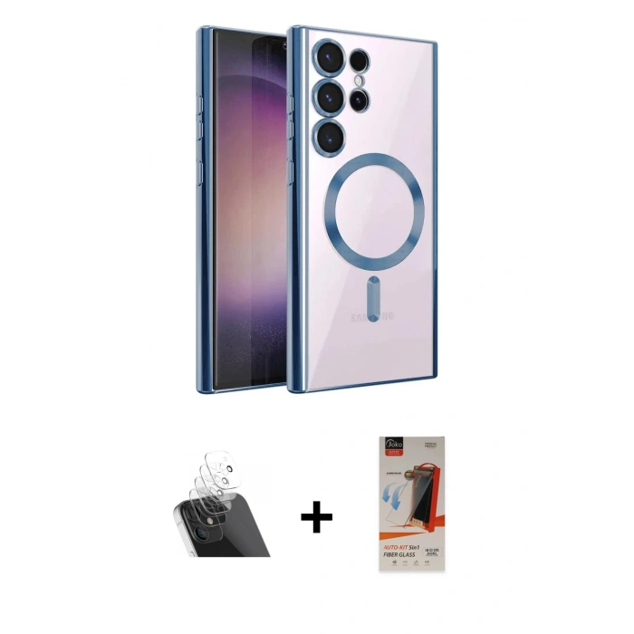 MARSİLYAN™- Galaxy S23 Ultra Kılıf Nova Işık Özel Seri - Siyah AutoKit 5in1 Fiber Hayalet Cam Ekran Koruyucu + Kamera Lens Koruma Cam - SF