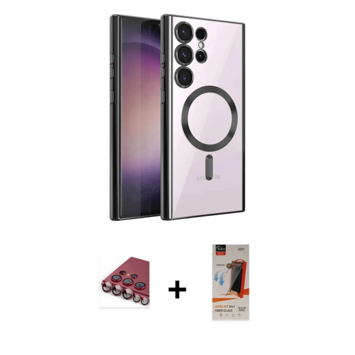 MARSİLYAN™- Galaxy S23 Ultra Kılıf Nova Işık Özel Seri - Siyah AutoKit 5in1 Fiber Hayalet Cam Ekran Koruyucu + Valdez Metal Kamera Lens - KI