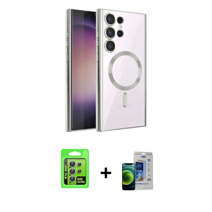 MARSİLYAN™- Galaxy S23 Ultra Kılıf Nova Işık Özel Seri - Siyah Durable Full Glue Curved Cam + Gümüş Raze Metal Kamera Lens