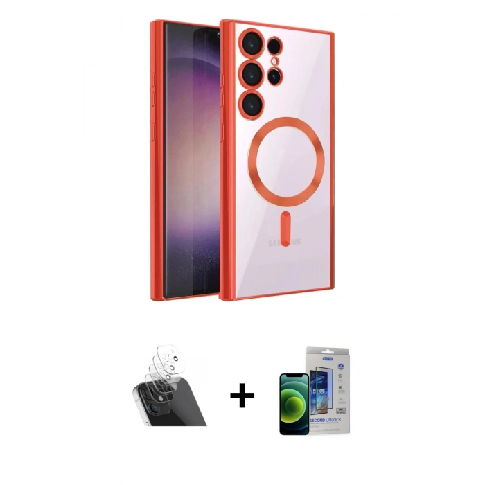 MARSİLYAN™- Galaxy S23 Ultra Kılıf Nova Işık Özel Seri - Siyah Durable Full Glue Curved Cam + Kamera Lens Koruma Cam - SF
