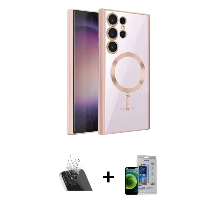 MARSİLYAN™- Galaxy S23 Ultra Kılıf Nova Işık Özel Seri - Siyah Durable Full Glue Curved Cam + Kamera Lens Koruma Cam - SF