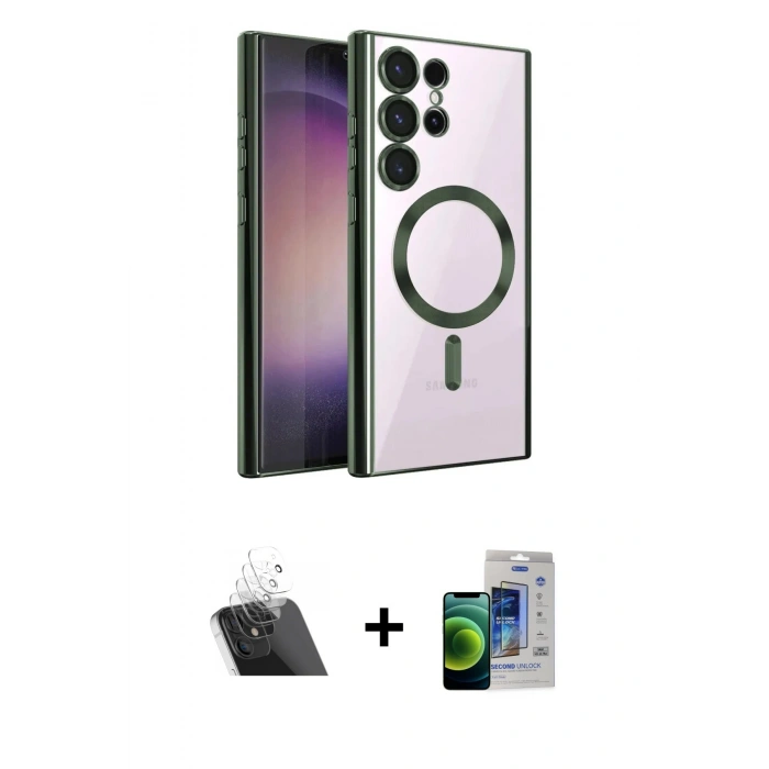 MARSİLYAN™- Galaxy S23 Ultra Kılıf Nova Işık Özel Seri - Siyah Durable Full Glue Curved Cam + Kamera Lens Koruma Cam - SF