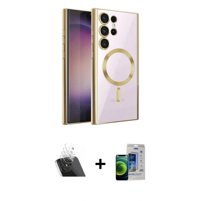 MARSİLYAN™- Galaxy S23 Ultra Kılıf Nova Işık Özel Seri - Siyah Durable Full Glue Curved Cam + Kamera Lens Koruma Cam - SF