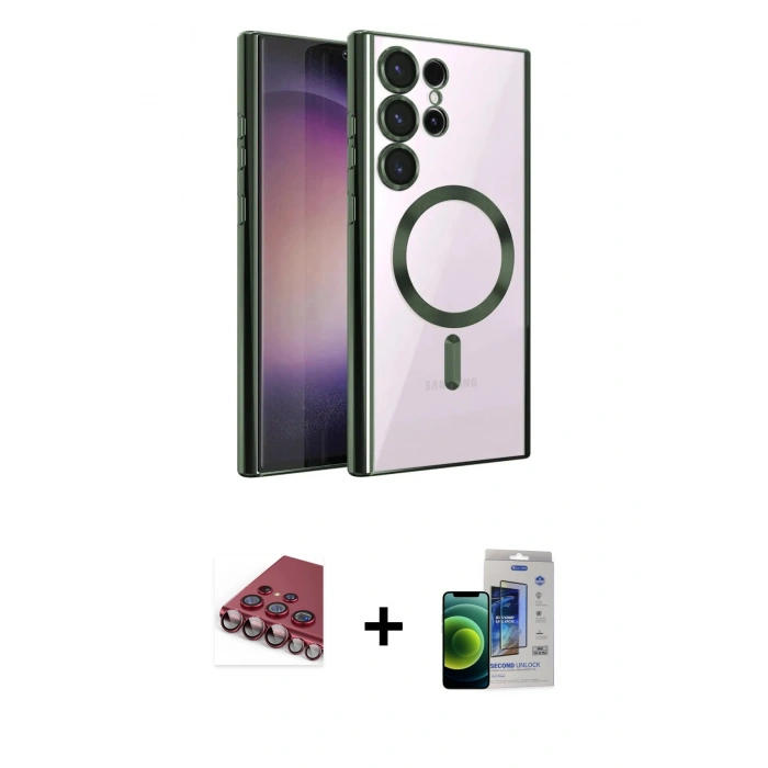 MARSİLYAN™- Galaxy S23 Ultra Kılıf Nova Işık Özel Seri - Siyah Durable Full Glue Curved Cam + Kırmızı Valdez Metal Kamera Lens
