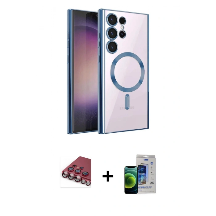 MARSİLYAN™- Galaxy S23 Ultra Kılıf Nova Işık Özel Seri - Siyah Durable Full Glue Curved Cam + Kırmızı Valdez Metal Kamera Lens