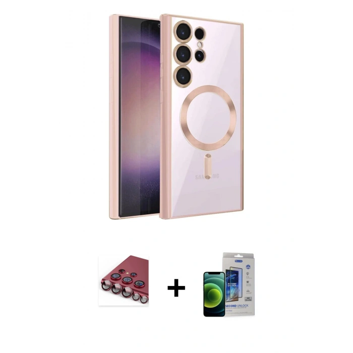 MARSİLYAN™- Galaxy S23 Ultra Kılıf Nova Işık Özel Seri - Siyah Durable Full Glue Curved Cam + Kırmızı Valdez Metal Kamera Lens