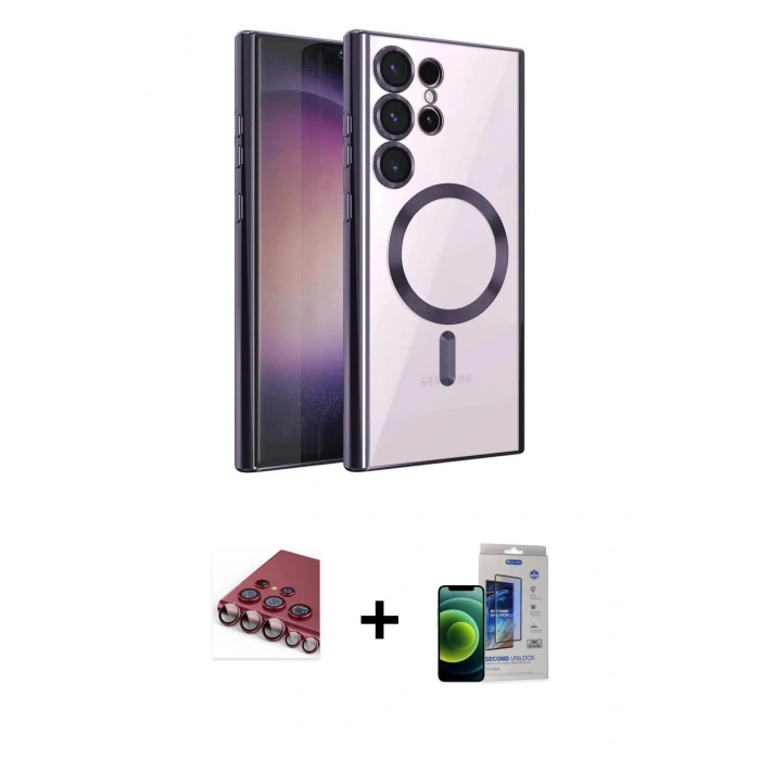MARSİLYAN™- Galaxy S23 Ultra Kılıf Nova Işık Özel Seri - Siyah Durable Full Glue Curved Cam + Kırmızı Valdez Metal Kamera Lens