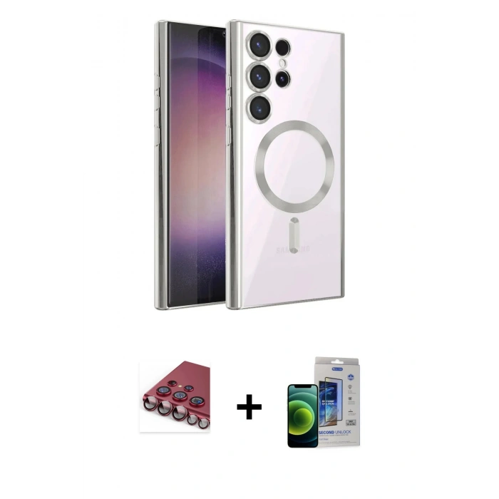 MARSİLYAN™- Galaxy S23 Ultra Kılıf Nova Işık Özel Seri - Siyah Durable Full Glue Curved Cam + Kırmızı Valdez Metal Kamera Lens
