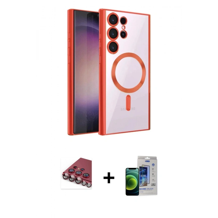 MARSİLYAN™- Galaxy S23 Ultra Kılıf Nova Işık Özel Seri - Siyah Durable Full Glue Curved Cam + Kırmızı Valdez Metal Kamera Lens