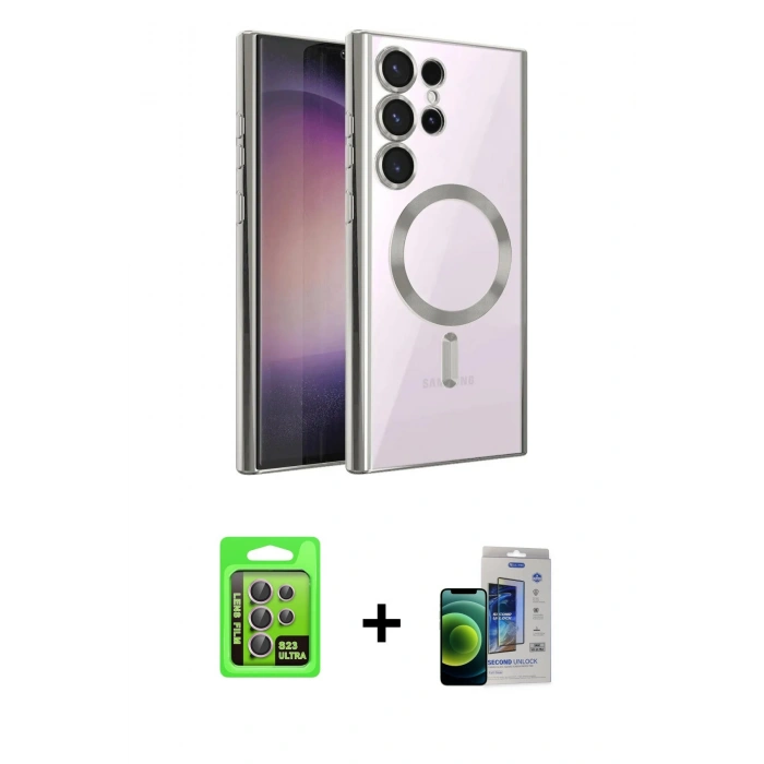 MARSİLYAN™- Galaxy S23 Ultra Kılıf Nova Işık Özel Seri - Siyah Durable Full Glue Curved Cam + Raze Metal Kamera Lens - LA