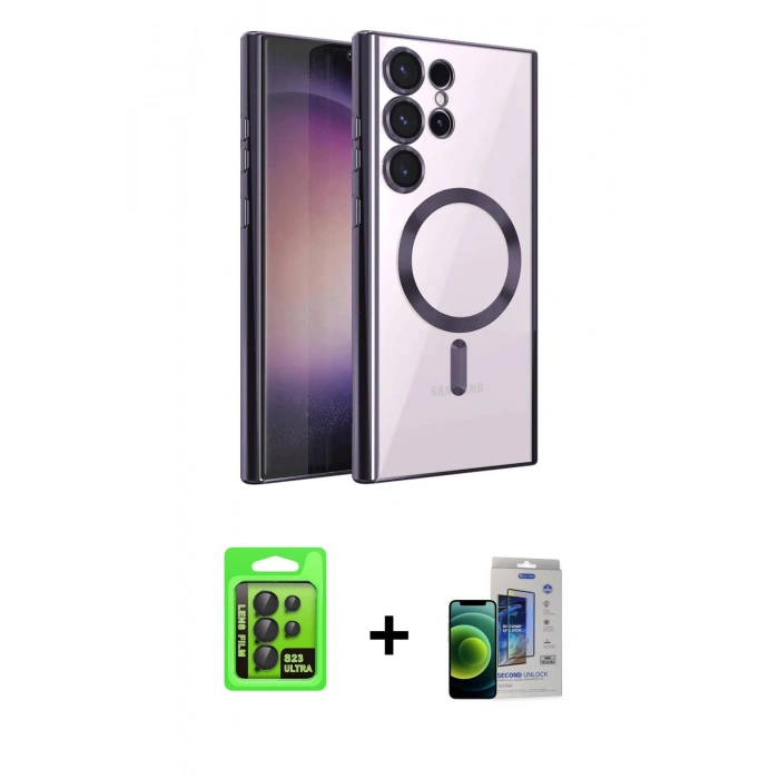 MARSİLYAN™- Galaxy S23 Ultra Kılıf Nova Işık Özel Seri - Siyah Durable Full Glue Curved Cam + Raze Metal Kamera Lens - SH