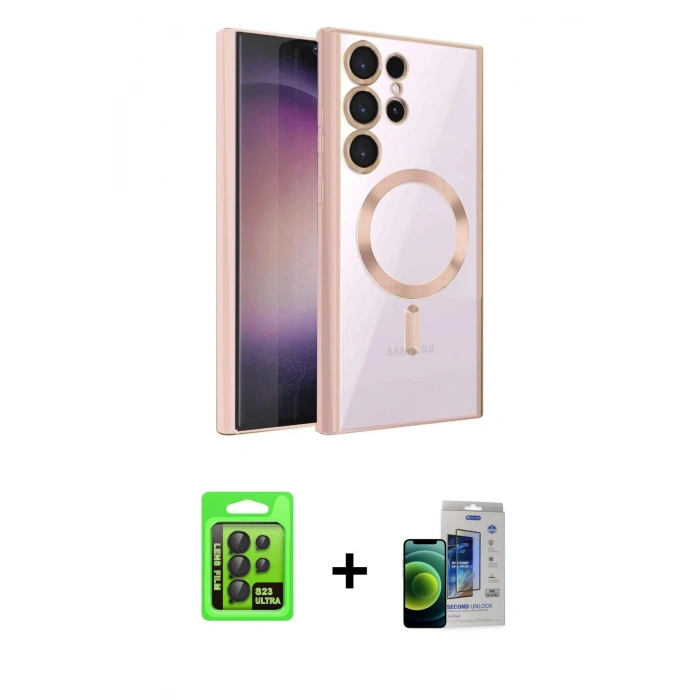MARSİLYAN™- Galaxy S23 Ultra Kılıf Nova Işık Özel Seri - Siyah Durable Full Glue Curved Cam + Raze Metal Kamera Lens - SH