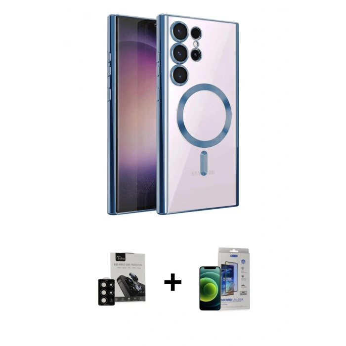 MARSİLYAN™- Galaxy S23 Ultra Kılıf Nova Işık Özel Seri - Siyah Durable Full Glue Curved Cam + PVD Metal Kamera Lens - SH