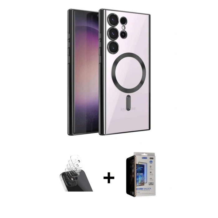 MARSİLYAN™- Galaxy S23 Ultra Kılıf Nova Işık Özel Seri - Siyah Durable Full Glue Curved Hayalet Cam + Kamera Lens Koruma Cam - SF