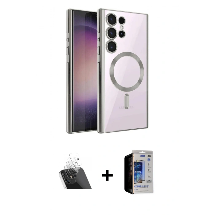 MARSİLYAN™- Galaxy S23 Ultra Kılıf Nova Işık Özel Seri - Siyah Durable Full Glue Curved Hayalet Cam + Kamera Lens Koruma Cam - SF