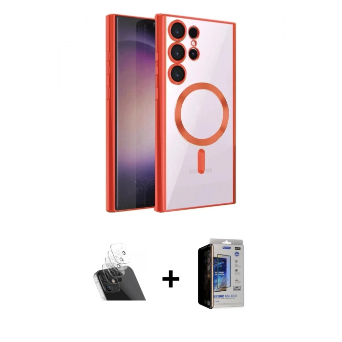 MARSİLYAN™- Galaxy S23 Ultra Kılıf Nova Işık Özel Seri - Siyah Durable Full Glue Curved Hayalet Cam + Kamera Lens Koruma Cam - SF