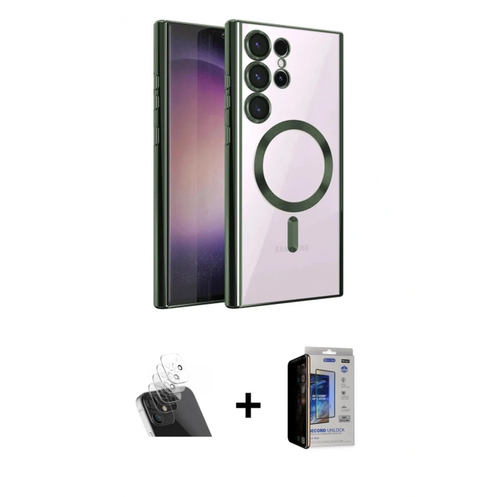 MARSİLYAN™- Galaxy S23 Ultra Kılıf Nova Işık Özel Seri - Siyah Durable Full Glue Curved Hayalet Cam + Kamera Lens Koruma Cam - SF