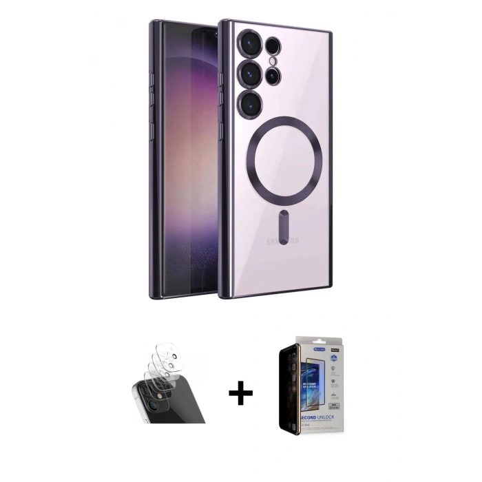 MARSİLYAN™- Galaxy S23 Ultra Kılıf Nova Işık Özel Seri - Siyah Durable Full Glue Curved Hayalet Cam + Kamera Lens Koruma Cam - SF