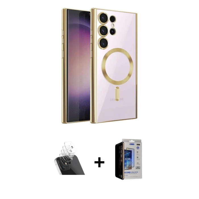 MARSİLYAN™- Galaxy S23 Ultra Kılıf Nova Işık Özel Seri - Siyah Durable Full Glue Curved Hayalet Cam + Kamera Lens Koruma Cam - SF