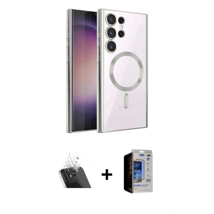 MARSİLYAN™- Galaxy S23 Ultra Kılıf Nova Işık Özel Seri - Siyah Durable Full Glue Curved Hayalet Cam + Kamera Lens Koruma Cam - SF