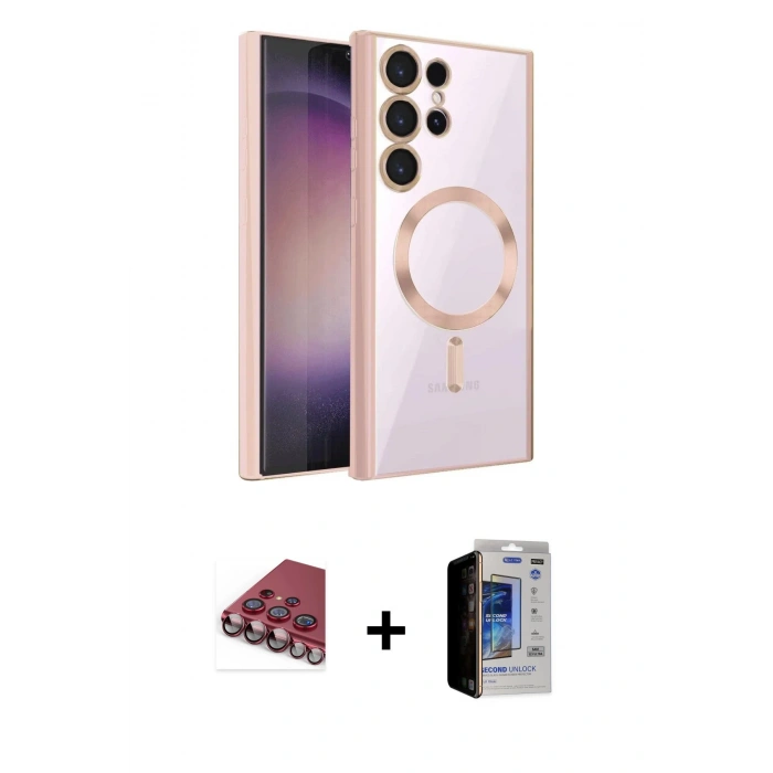 MARSİLYAN™- Galaxy S23 Ultra Kılıf Nova Işık Özel Seri - Siyah Durable Full Glue Curved Hayalet Cam + Kırmızı Valdez Metal Kamera Lens