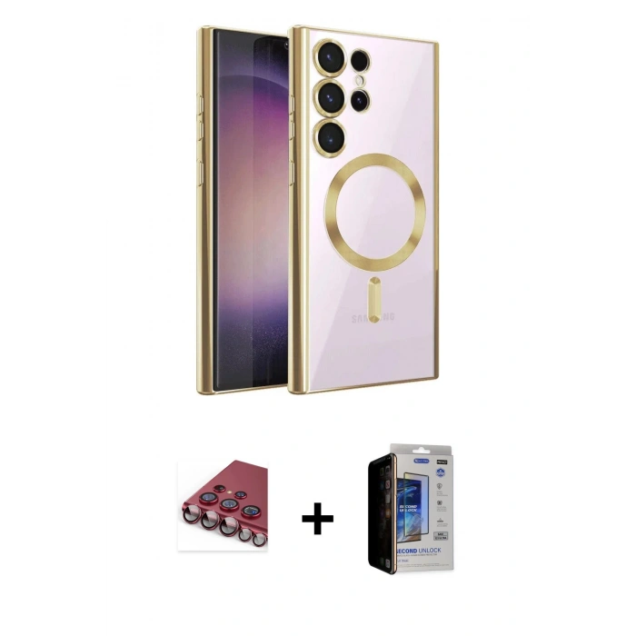 MARSİLYAN™- Galaxy S23 Ultra Kılıf Nova Işık Özel Seri - Siyah Durable Full Glue Curved Hayalet Cam + Kırmızı Valdez Metal Kamera Lens