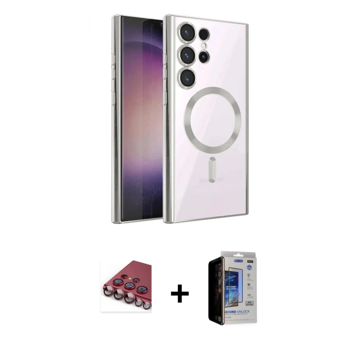 MARSİLYAN™- Galaxy S23 Ultra Kılıf Nova Işık Özel Seri - Siyah Durable Full Glue Curved Hayalet Cam + Kırmızı Valdez Metal Kamera Lens