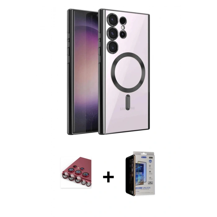 MARSİLYAN™- Galaxy S23 Ultra Kılıf Nova Işık Özel Seri - Siyah Durable Full Glue Curved Hayalet Cam + Kırmızı Valdez Metal Kamera Lens