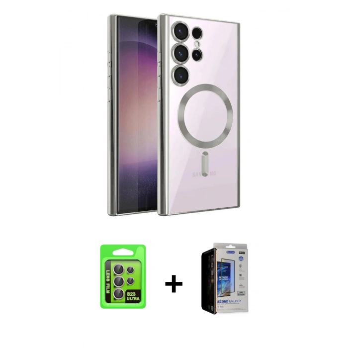 MARSİLYAN™- Galaxy S23 Ultra Kılıf Nova Işık Özel Seri - Siyah Durable Full Glue Curved Hayalet Cam + Lila Raze Metal Kamera Lens