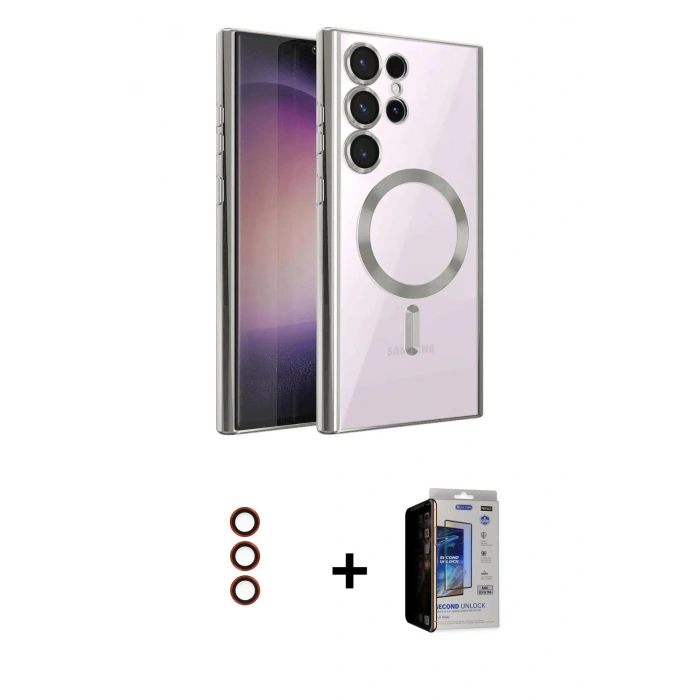 MARSİLYAN™- Galaxy S23 Ultra Kılıf Nova Işık Özel Seri - Siyah Durable Full Glue Curved Hayalet Cam + Metal Kamera Lens - KI