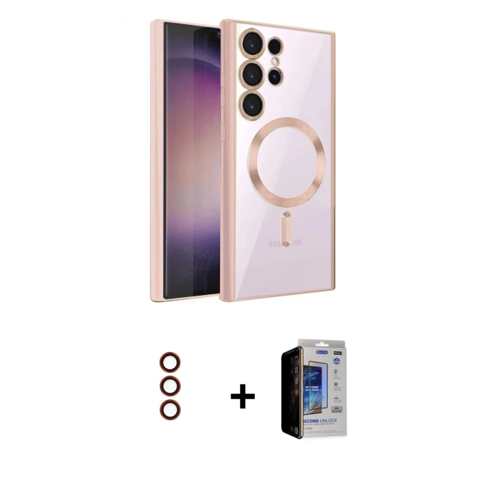 MARSİLYAN™- Galaxy S23 Ultra Kılıf Nova Işık Özel Seri - Siyah Durable Full Glue Curved Hayalet Cam + Metal Kamera Lens - KI