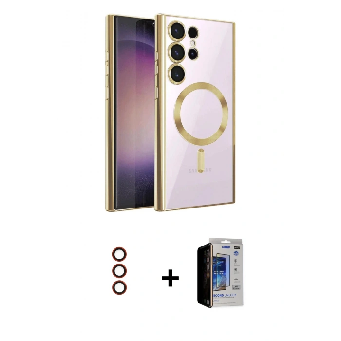 MARSİLYAN™- Galaxy S23 Ultra Kılıf Nova Işık Özel Seri - Siyah Durable Full Glue Curved Hayalet Cam + Metal Kamera Lens - KI