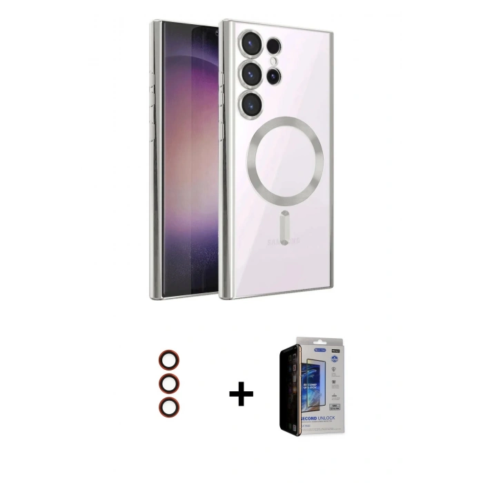 MARSİLYAN™- Galaxy S23 Ultra Kılıf Nova Işık Özel Seri - Siyah Durable Full Glue Curved Hayalet Cam + Metal Kamera Lens - KI