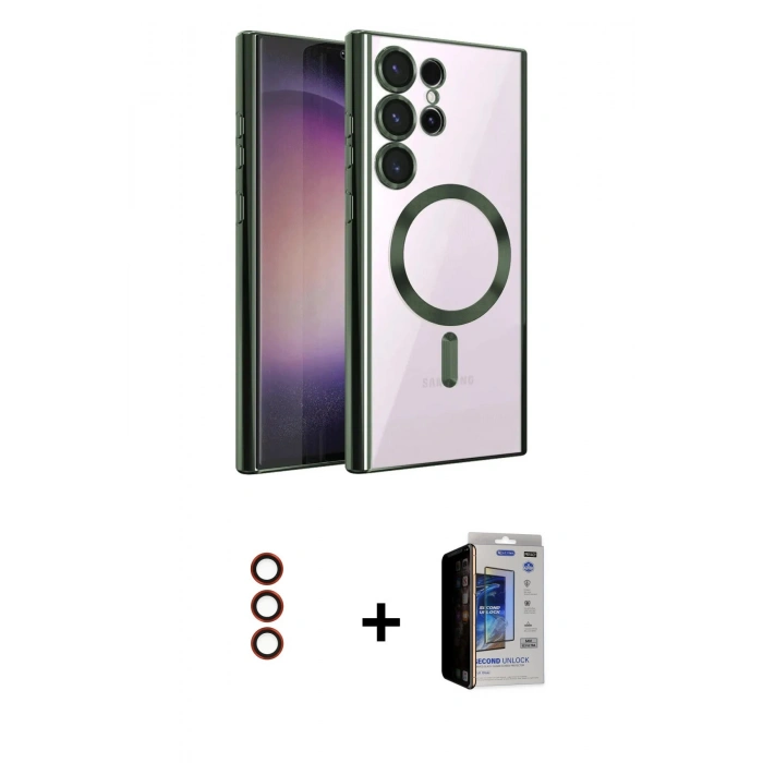 MARSİLYAN™- Galaxy S23 Ultra Kılıf Nova Işık Özel Seri - Siyah Durable Full Glue Curved Hayalet Cam + Metal Kamera Lens - KI