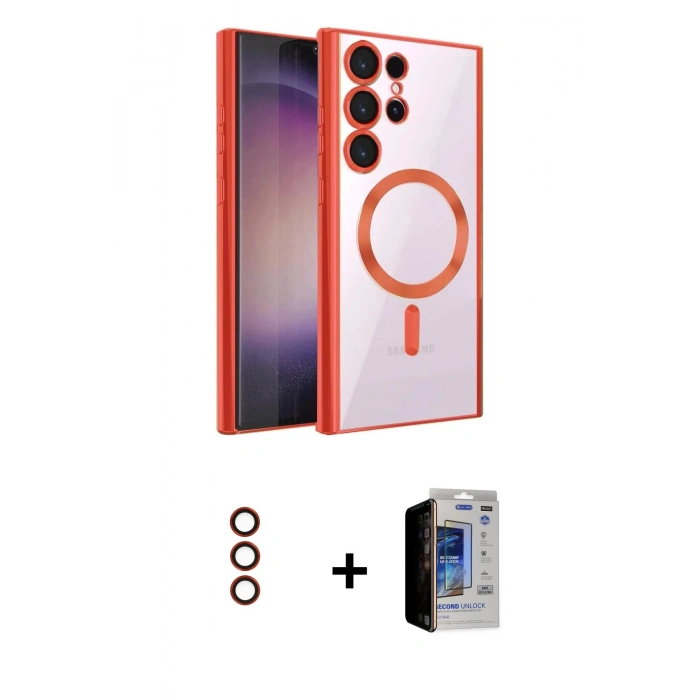 MARSİLYAN™- Galaxy S23 Ultra Kılıf Nova Işık Özel Seri - Siyah Durable Full Glue Curved Hayalet Cam + Metal Kamera Lens - KI