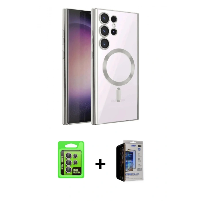 MARSİLYAN™- Galaxy S23 Ultra Kılıf Nova Işık Özel Seri - Siyah Durable Full Glue Curved Hayalet Cam + Raze Metal Kamera Lens - LA