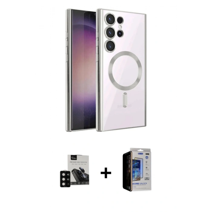 MARSİLYAN™- Galaxy S23 Ultra Kılıf Nova Işık Özel Seri - Siyah Durable Full Glue Curved Hayalet Cam + PVD Metal Kamera Lens - SH