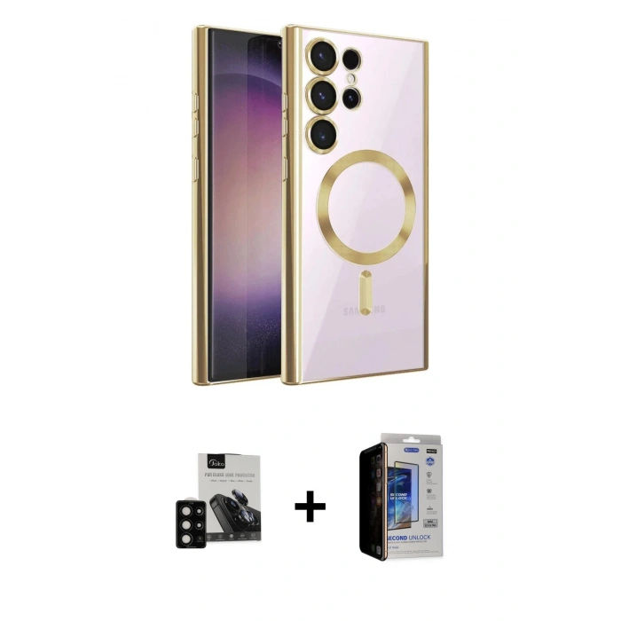 MARSİLYAN™- Galaxy S23 Ultra Kılıf Nova Işık Özel Seri - Siyah Durable Full Glue Curved Hayalet Cam + PVD Metal Kamera Lens - SH