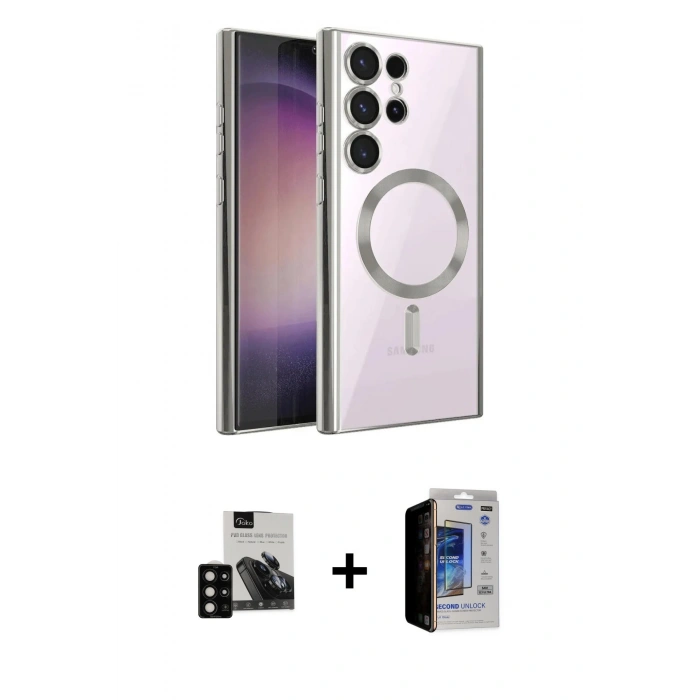 MARSİLYAN™- Galaxy S23 Ultra Kılıf Nova Işık Özel Seri - Siyah Durable Full Glue Curved Hayalet Cam + PVD Metal Kamera Lens - SH