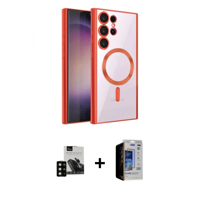 MARSİLYAN™- Galaxy S23 Ultra Kılıf Nova Işık Özel Seri - Siyah Durable Full Glue Curved Hayalet Cam + PVD Metal Kamera Lens - SH