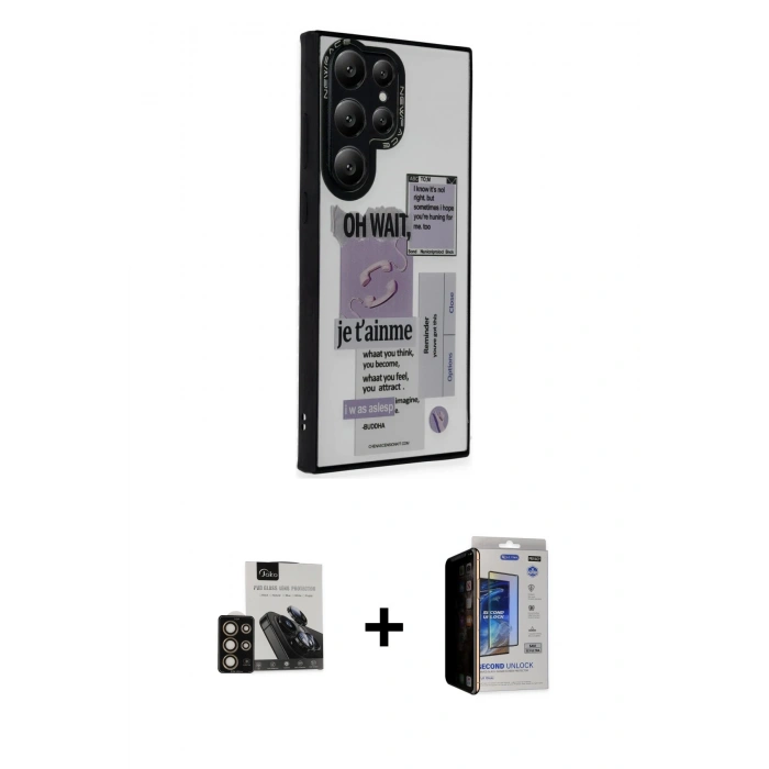 MARSİLYAN™- Galaxy S23 Ultra Kılıf Odak Klasik Serisi - Siyah Durable Full Glue Curved Hayalet Cam + PVD Metal Kamera Lens - GD