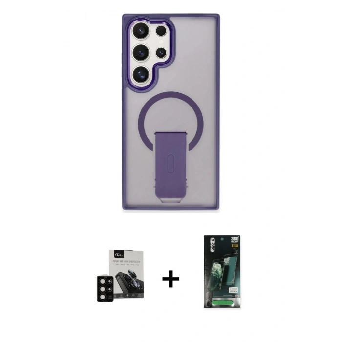 MARSİLYAN™- Galaxy S23 Ultra Kılıf Pusula Doku Koleksiyonu - Siyah 360 Mat Full Body Arka Koruyucu + PVD Metal Kamera Lens - SH