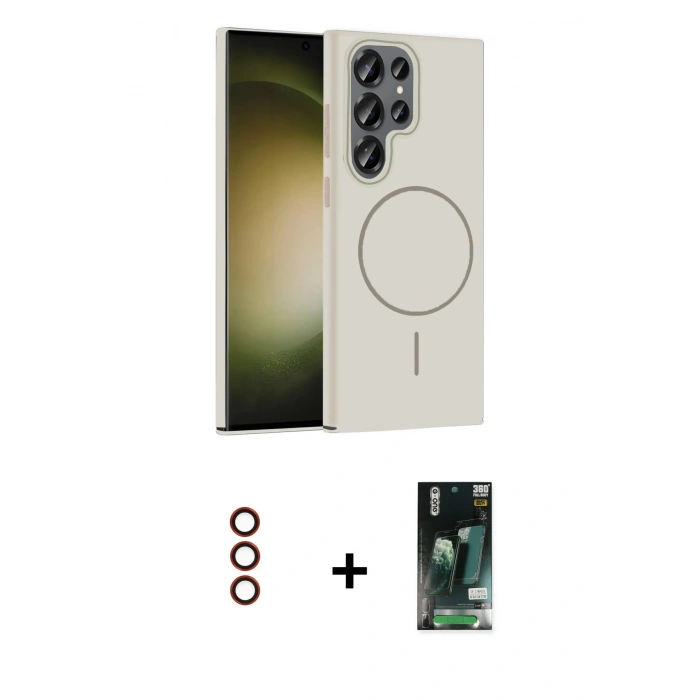 MARSİLYAN™- Galaxy S23 Ultra Kılıf Siluet Doku Özel Seri - Şeffaf 360 Full Body Arka Koruyucu + Metal Kamera Lens - KI
