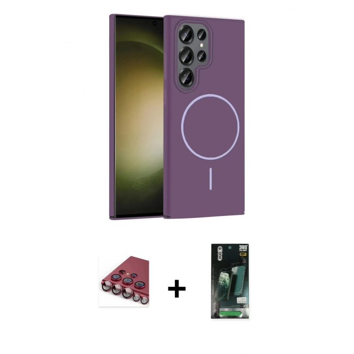 MARSİLYAN™- Galaxy S23 Ultra Kılıf Siluet Doku Özel Seri - Şeffaf 360 Full Body Arka Koruyucu + Valdez Metal Kamera Lens - KI
