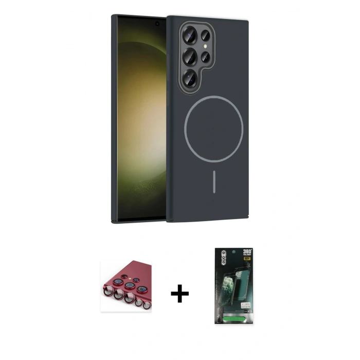 MARSİLYAN™- Galaxy S23 Ultra Kılıf Siluet Doku Özel Seri - Şeffaf 360 Full Body Arka Koruyucu + Valdez Metal Kamera Lens - KI