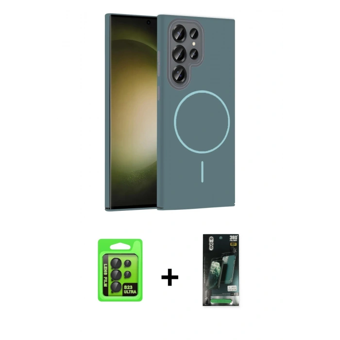 MARSİLYAN™- Galaxy S23 Ultra Kılıf Siluet Doku Özel Seri - Şeffaf 360 Full Body Arka Koruyucu + Raze Metal Kamera Lens - SH