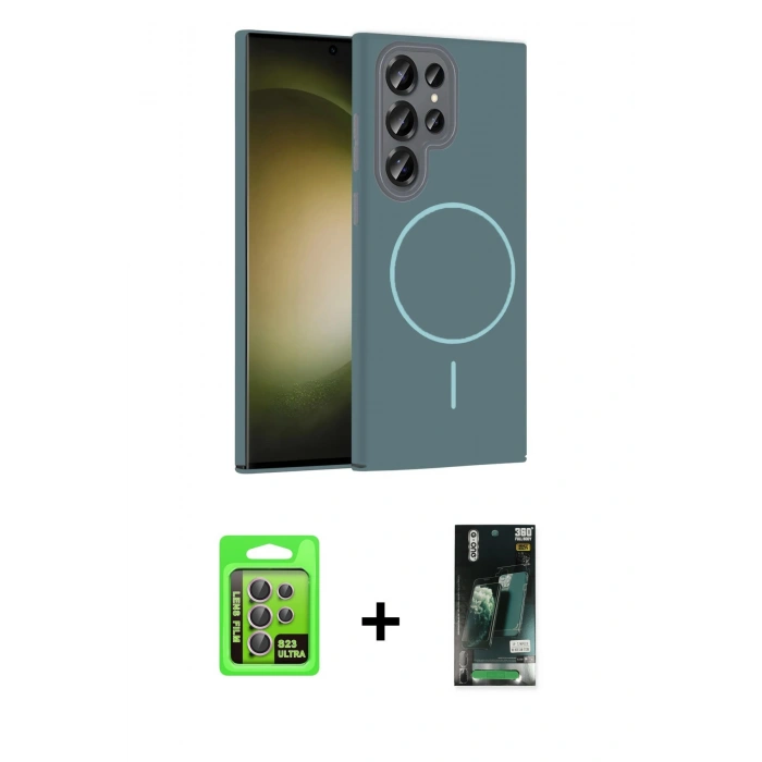 MARSİLYAN™- Galaxy S23 Ultra Kılıf Siluet Doku Özel Seri - Siyah 360 Mat Full Body Arka Koruyucu + Raze Metal Kamera Lens - LA