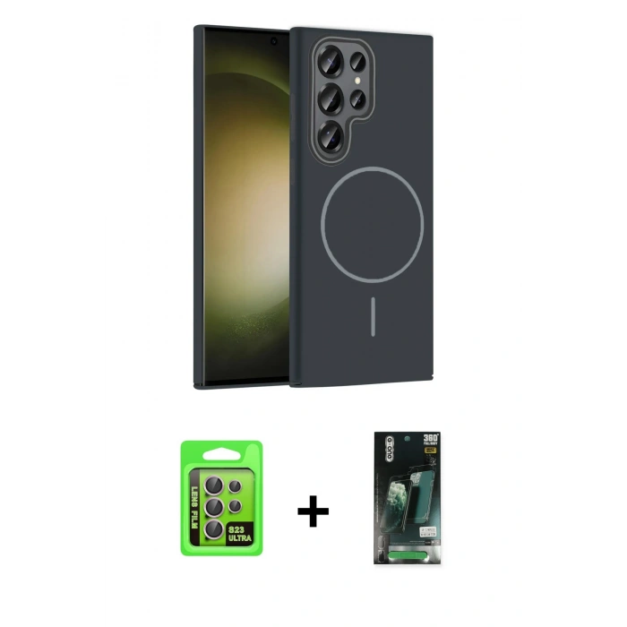 MARSİLYAN™- Galaxy S23 Ultra Kılıf Siluet Doku Özel Seri - Siyah 360 Mat Full Body Arka Koruyucu + Raze Metal Kamera Lens - LA